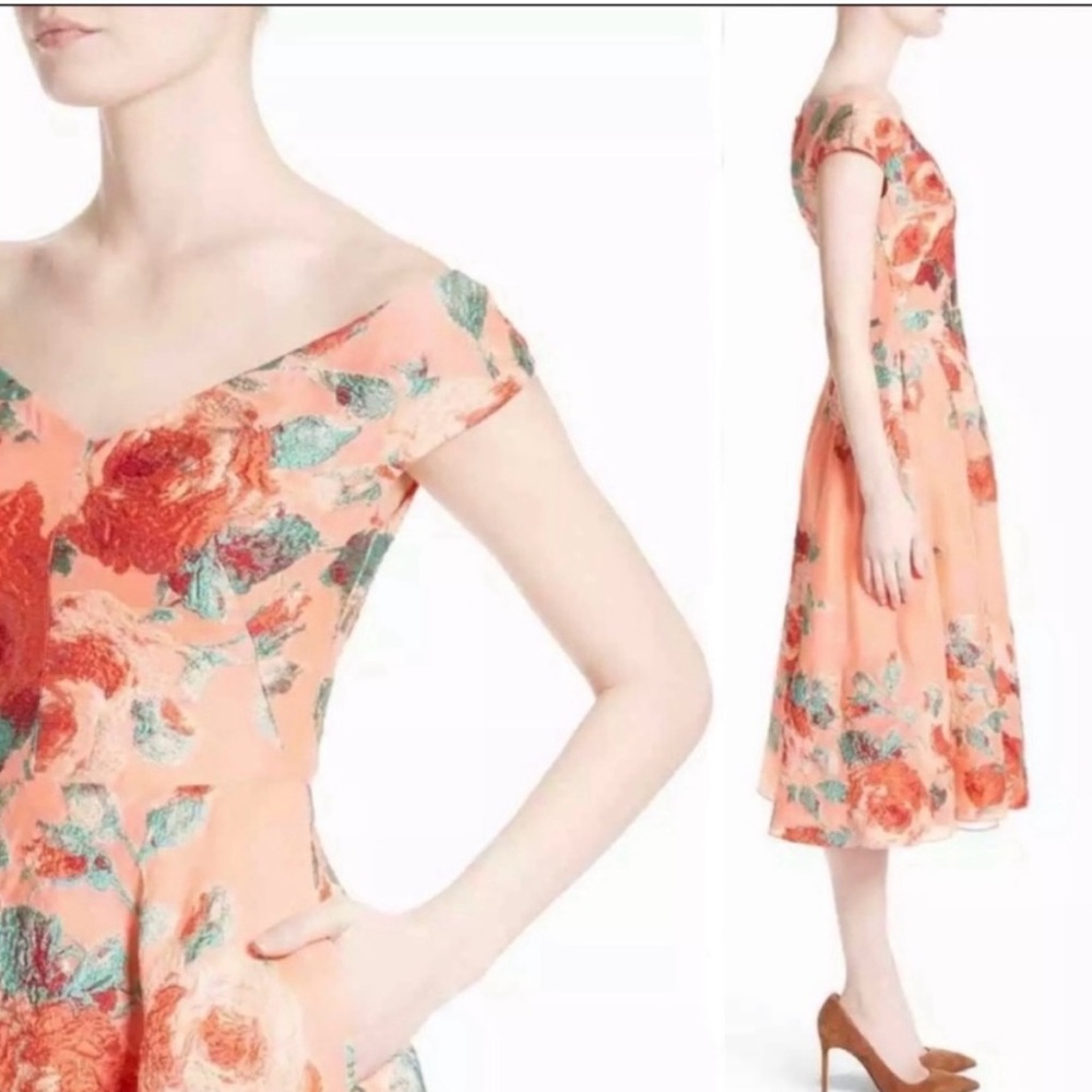 Lela Rose Coral Floral Off-Shoulder Midi Dress - Picture 8 of 11